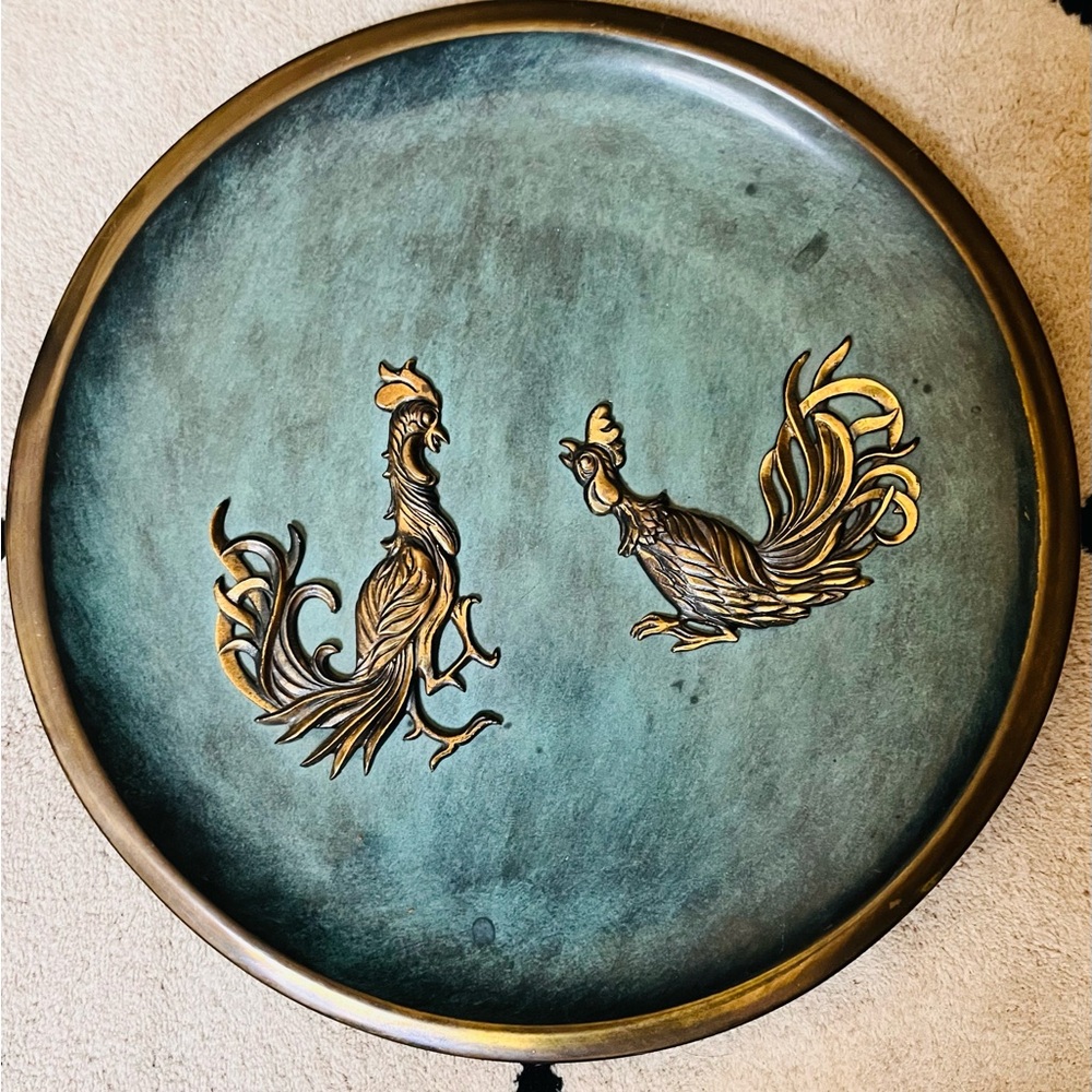 Vintage MCM Large Brass Fighting Roosters Wall Hamging Plate